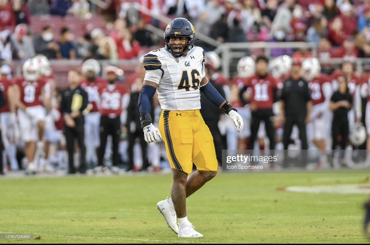 Marqez Bimage in a navy and gold California Golden Bears uniform on the field at Berkeley